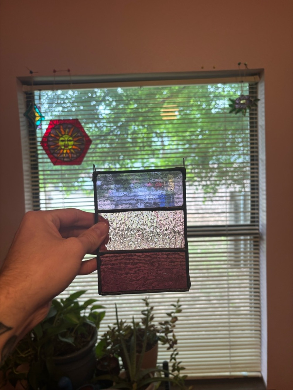 Handcrafted Pink and Purple Stained Glass Suncatcher